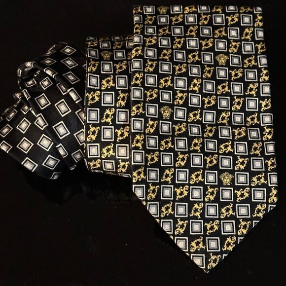 Versace Silk Tie Blue EUC MINT Baroque Gold Black Rococo Silver Floral Leaf - Picture 1 of 5